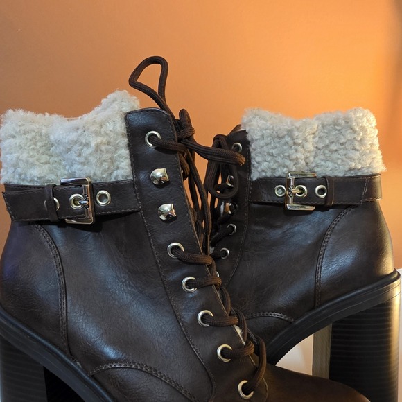 Dark Brown Faux Leather Platform Combat Boots with Shearling Trim and Block Heel - Picture 7 of 16